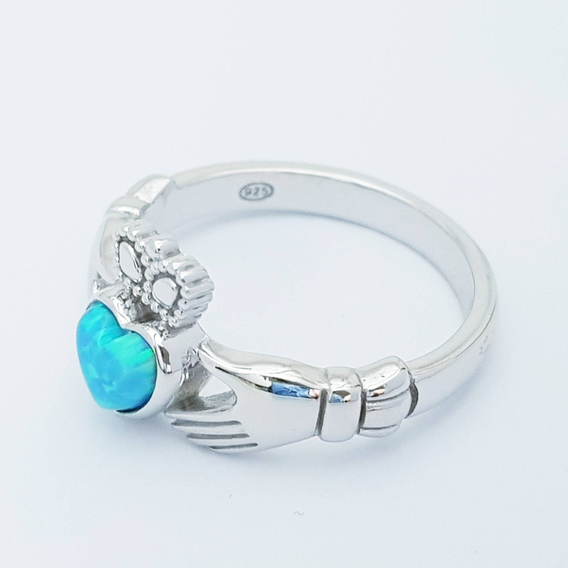 Sterling Silver Claddagh ring set with opal stone, October birthstone