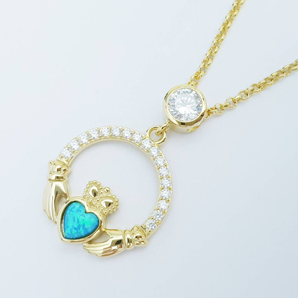 Opal Claddagh pendant, claddagh necklace, yellow gold plated claddagh pendant