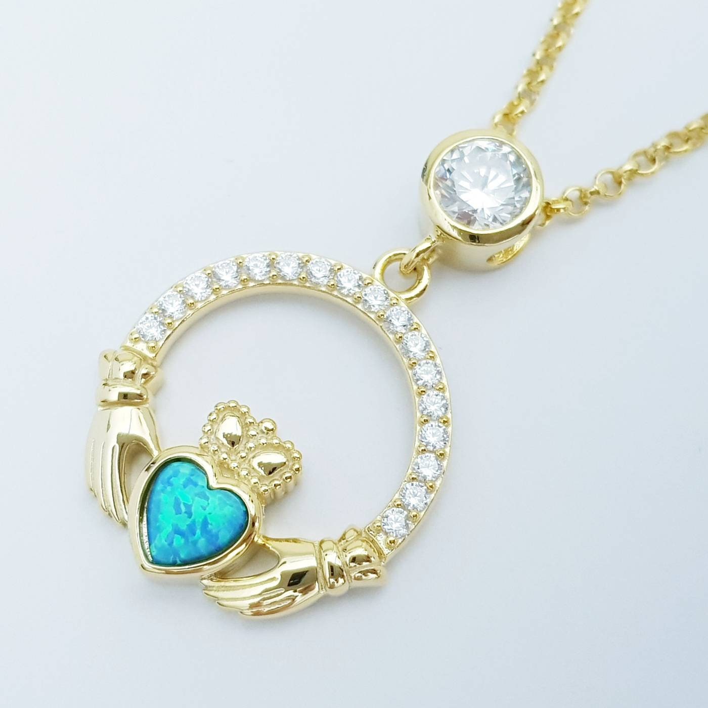 Opal Claddagh pendant, claddagh necklace, yellow gold plated claddagh pendant