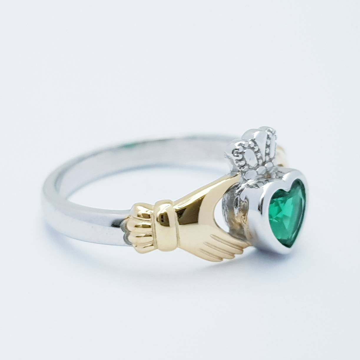 Sterling Silver Gold plated Claddagh ring set with emerald green stone, irish claddagh rings