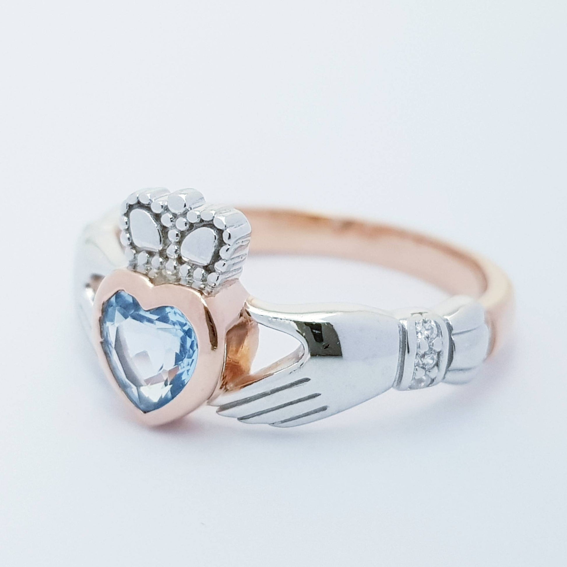 Sterling Silver Rose Gold plated Claddagh ring set with aquamarine stone, unique claddagh ring