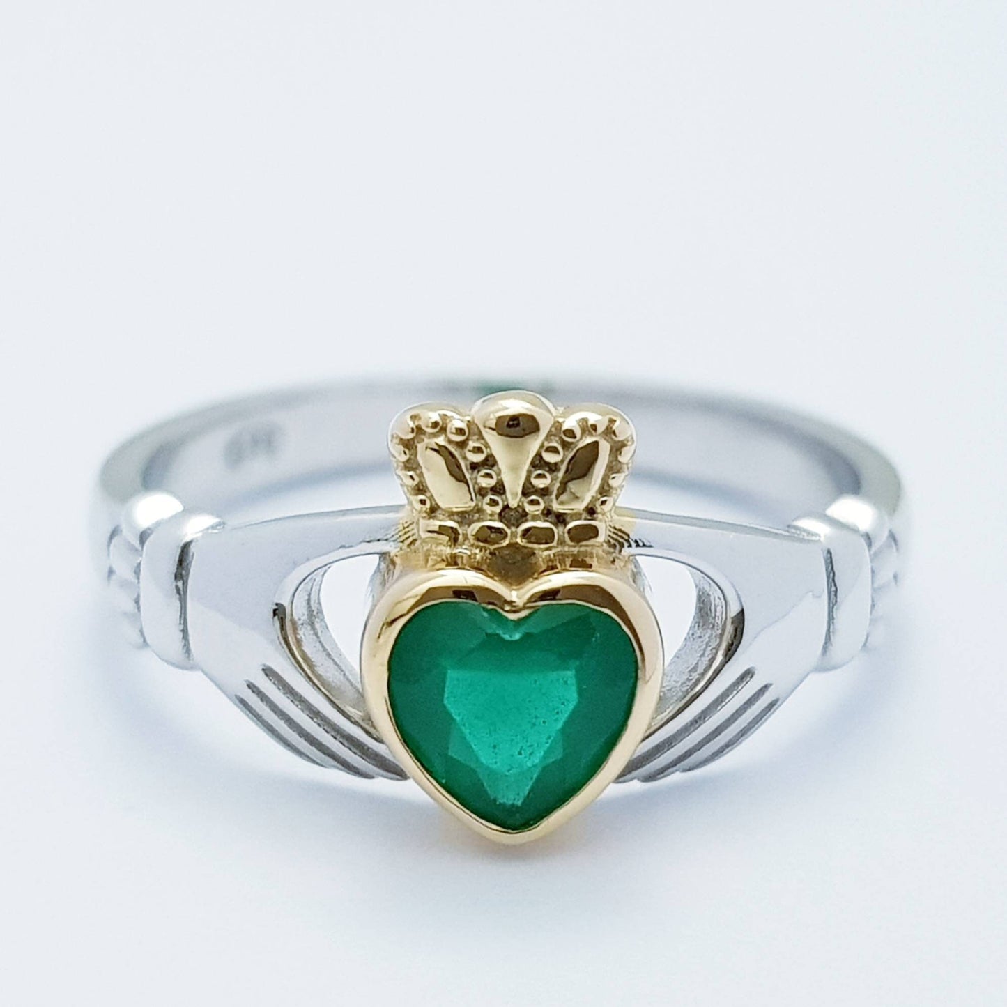 Sterling Silver yellow Gold plated Claddagh ring set with emerald green stone, irish claddagh rings
