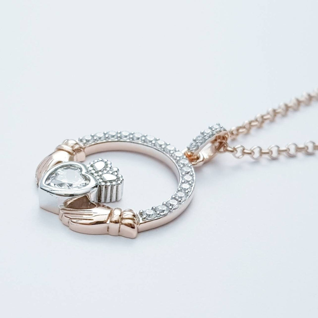 Sterling silver rose gold claddagh necklace, irish necklace with rose gold plating