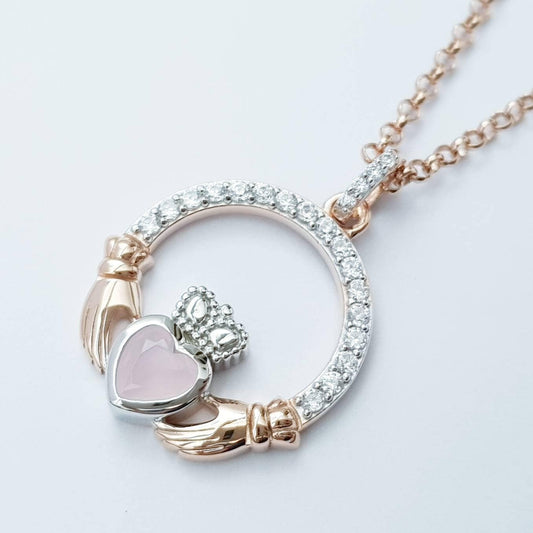 Pink Claddagh pendant, two tone claddagh necklace from Galway, Ireland, silver and rose gold claddagh pendant