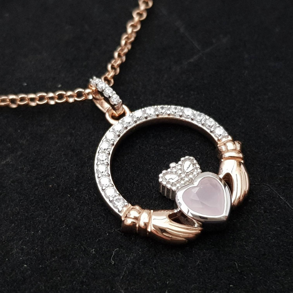 Pink Claddagh pendant, two tone claddagh necklace from Galway, Ireland, silver and rose gold claddagh pendant