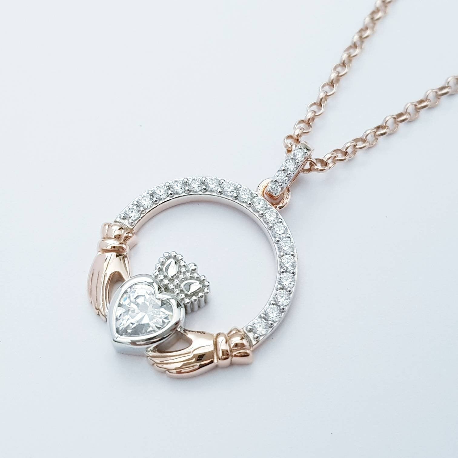 Sterling silver rose gold claddagh necklace, irish necklace with rose gold plating