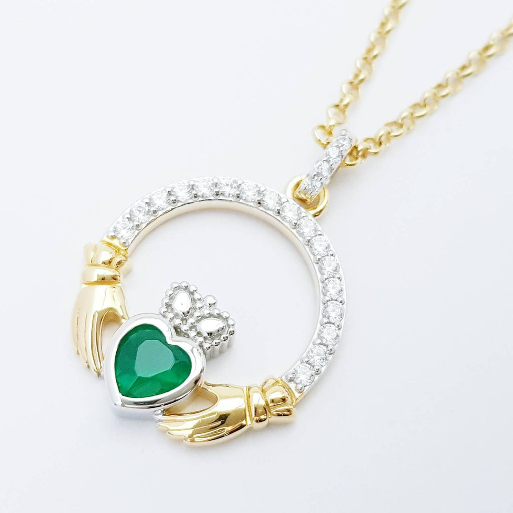 Green Claddagh pendant, claddagh necklace, silver & gold claddagh pendant