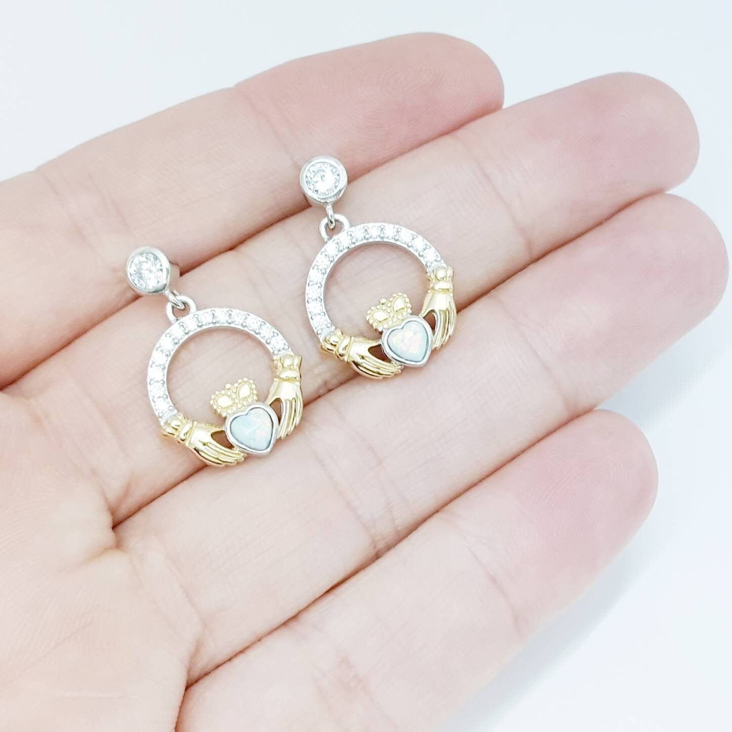 Opal claddagh Earrings, Silver Claddagh Earrings, October birthstone