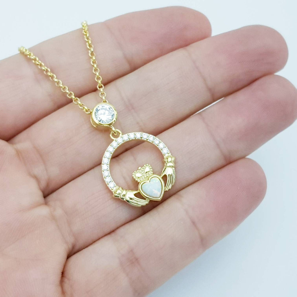 Opal Claddagh pendant, claddagh necklace, yellow gold claddagh pendant October birthstone