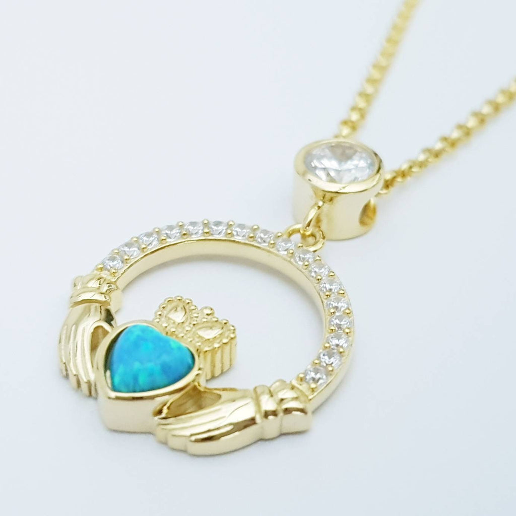 Opal Claddagh pendant, claddagh necklace, yellow gold plated claddagh pendant