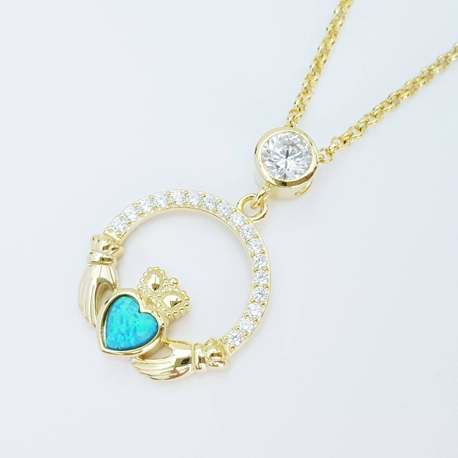 Opal Claddagh pendant, claddagh necklace, yellow gold plated claddagh pendant