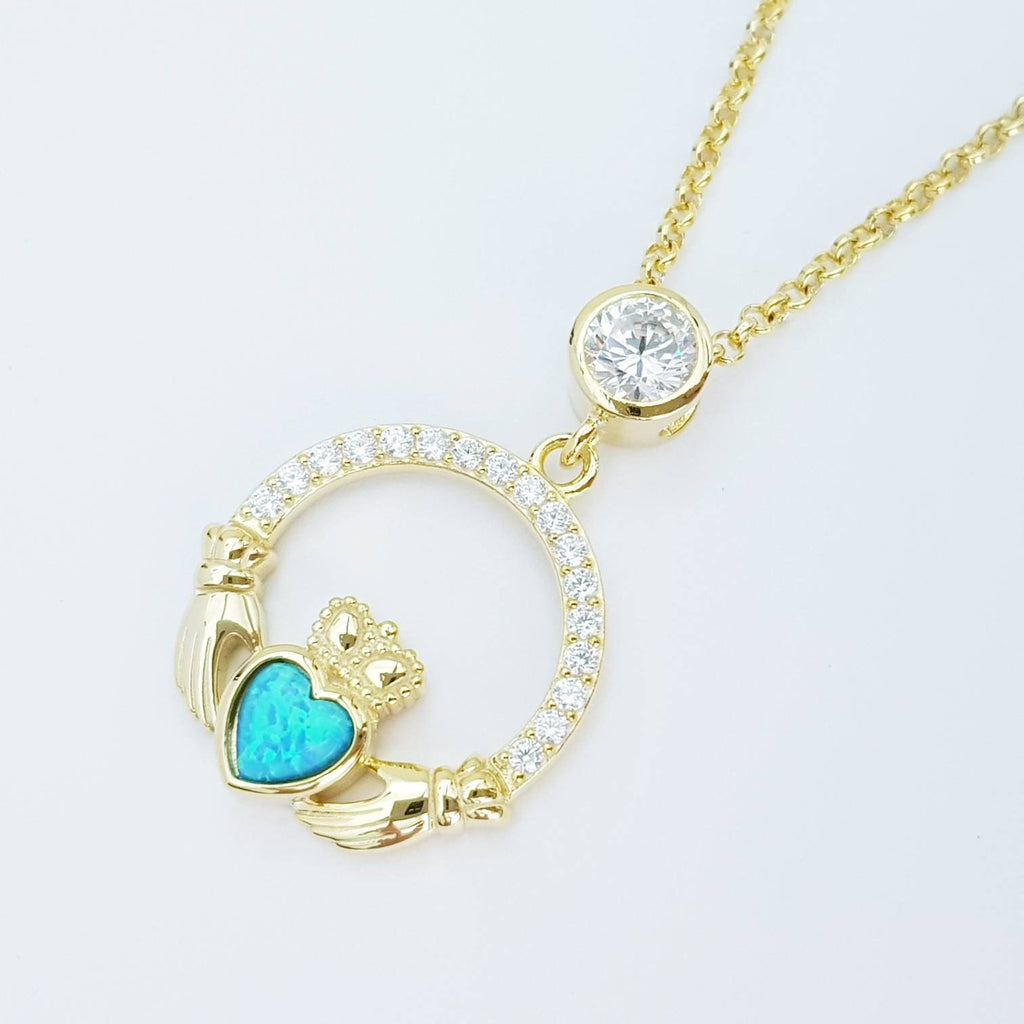 Opal Claddagh pendant, claddagh necklace, yellow gold plated claddagh pendant