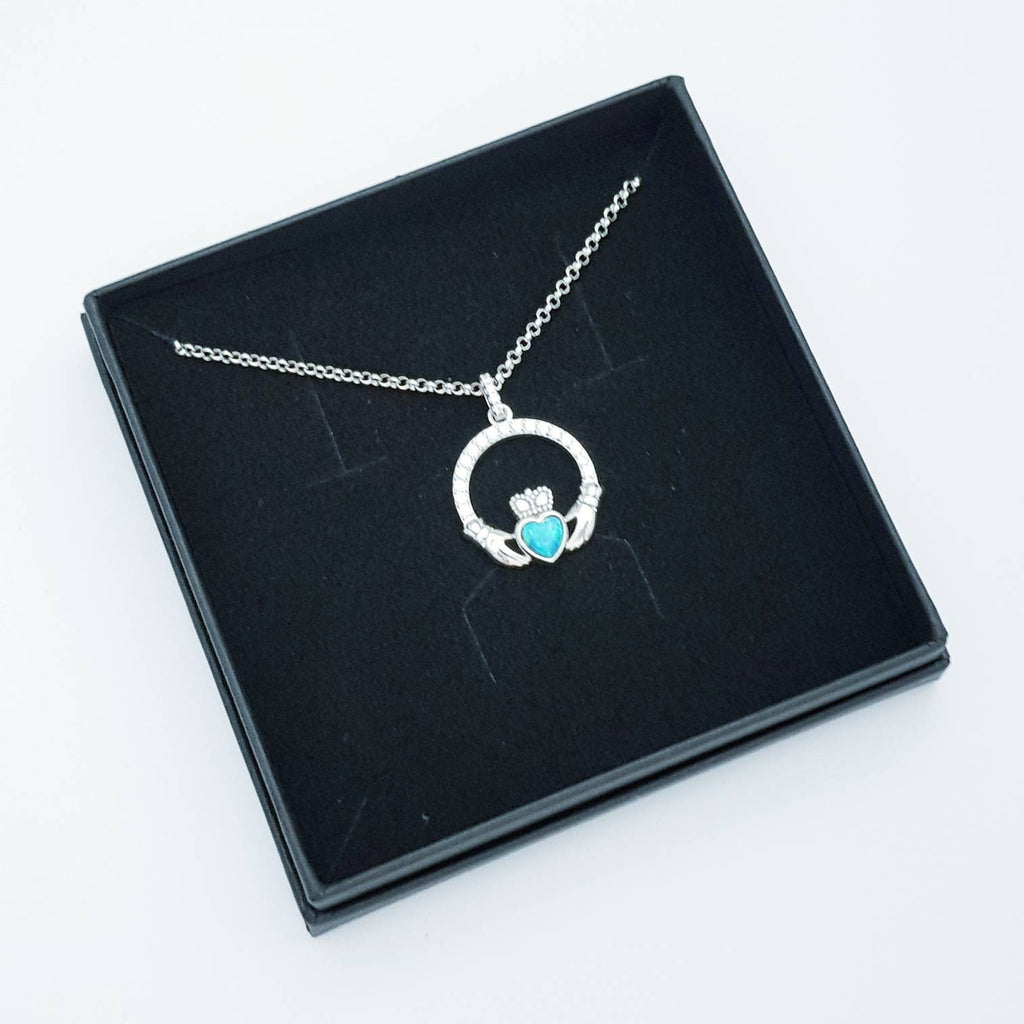 Opal Claddagh pendant, claddagh necklace, sterling silver claddagh pendant