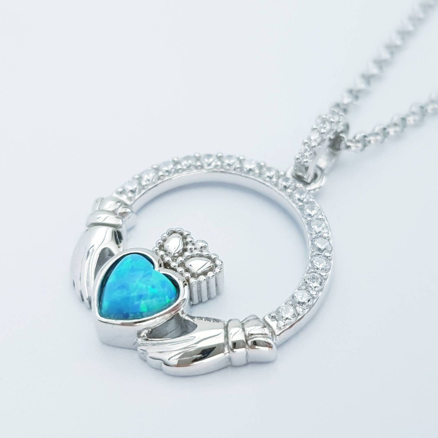 Opal Claddagh pendant, claddagh necklace, sterling silver claddagh pendant