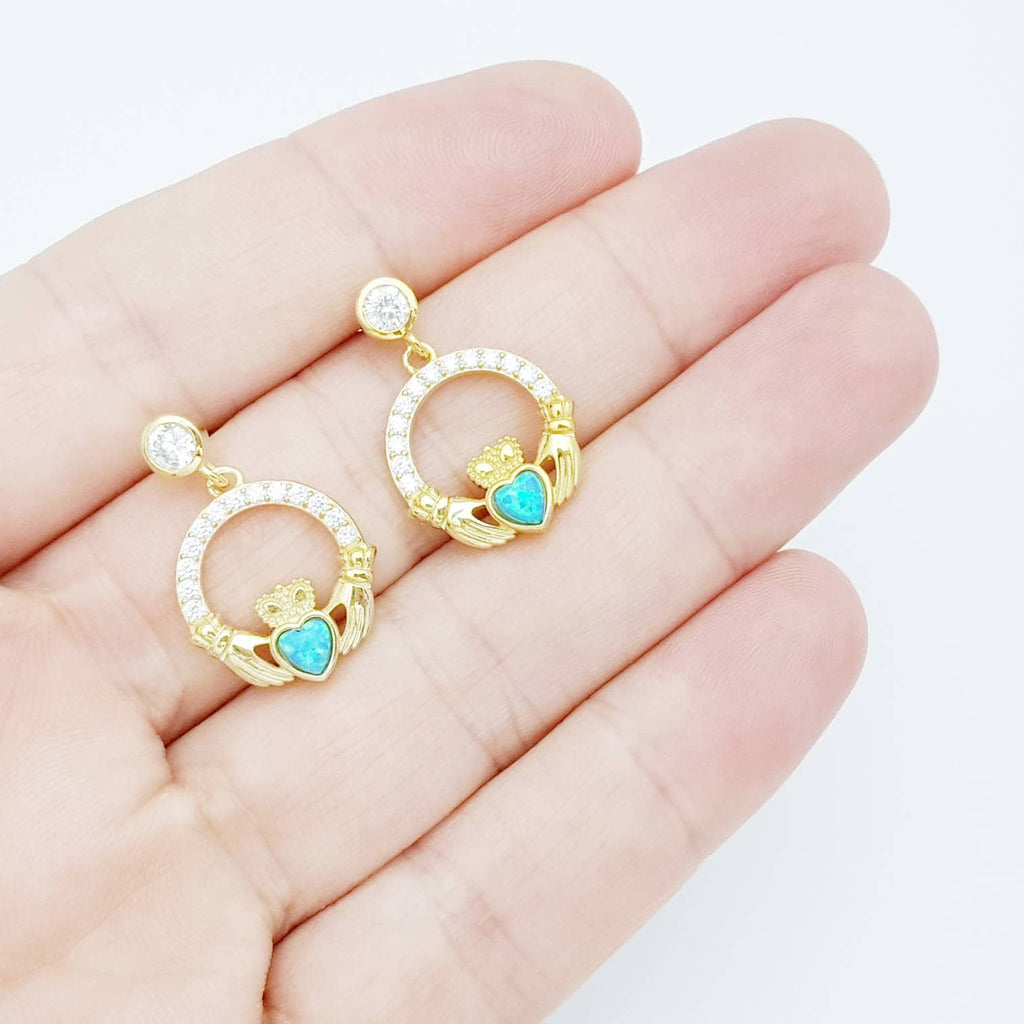 Opal claddagh Earrings, Silver Claddagh Earrings, October birthstone