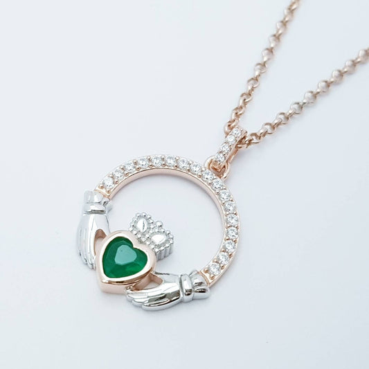 Green Claddagh pendant, two tone claddagh necklace from Galway, Ireland, silver and rose gold claddagh pendant