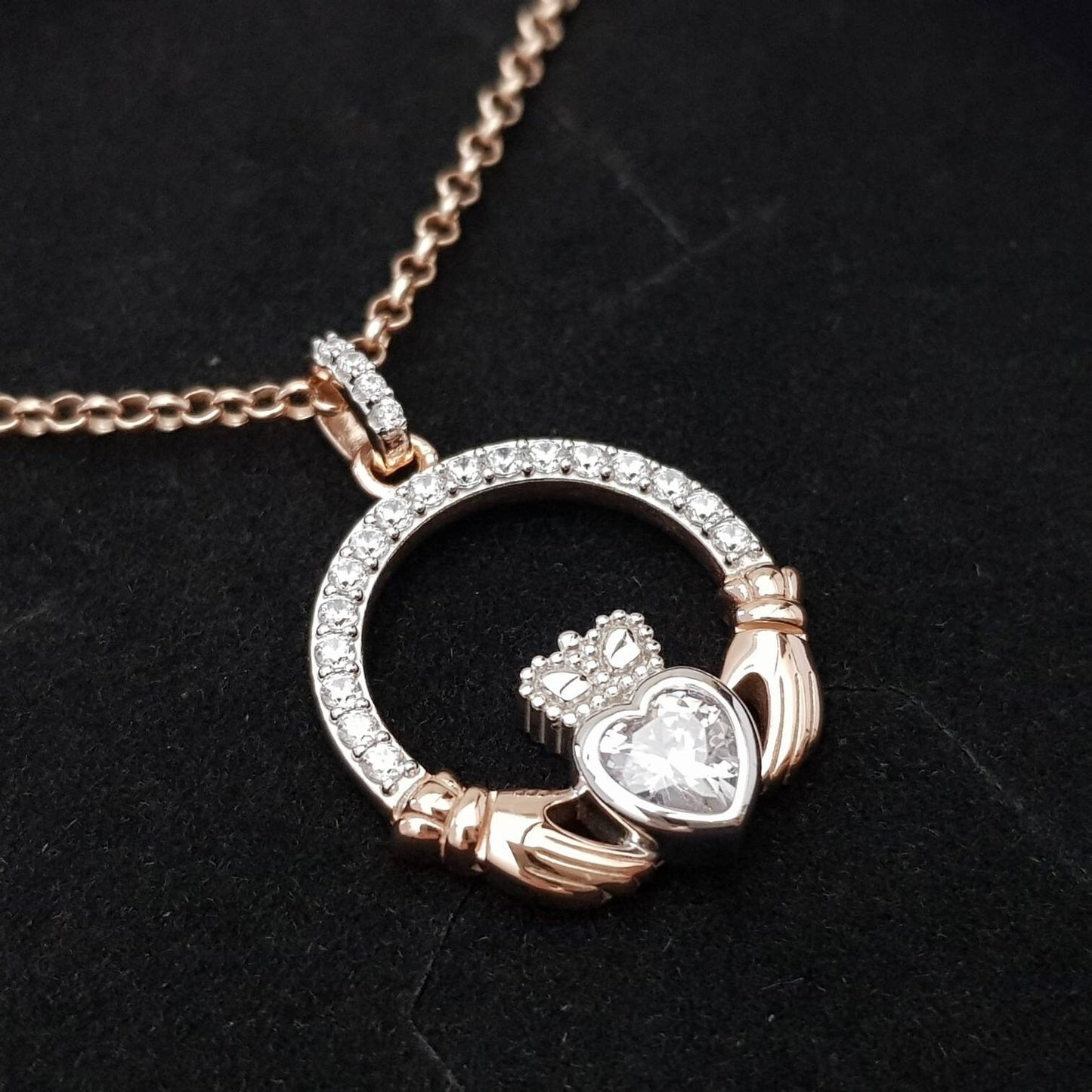 Sterling silver rose gold claddagh necklace, irish necklace with rose gold plating