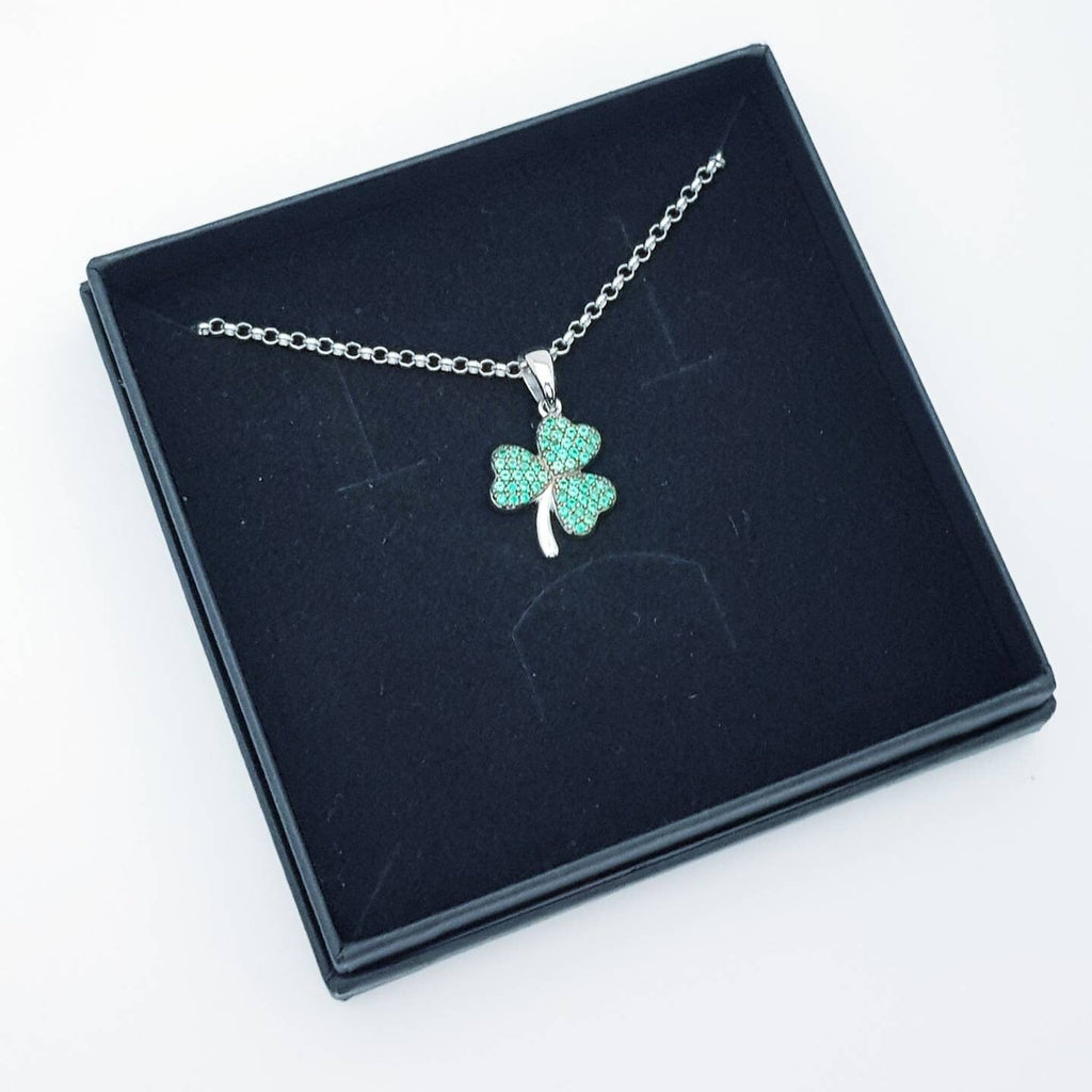 Sterling Silver Shamrock pendant, green stone set shamrock necklace