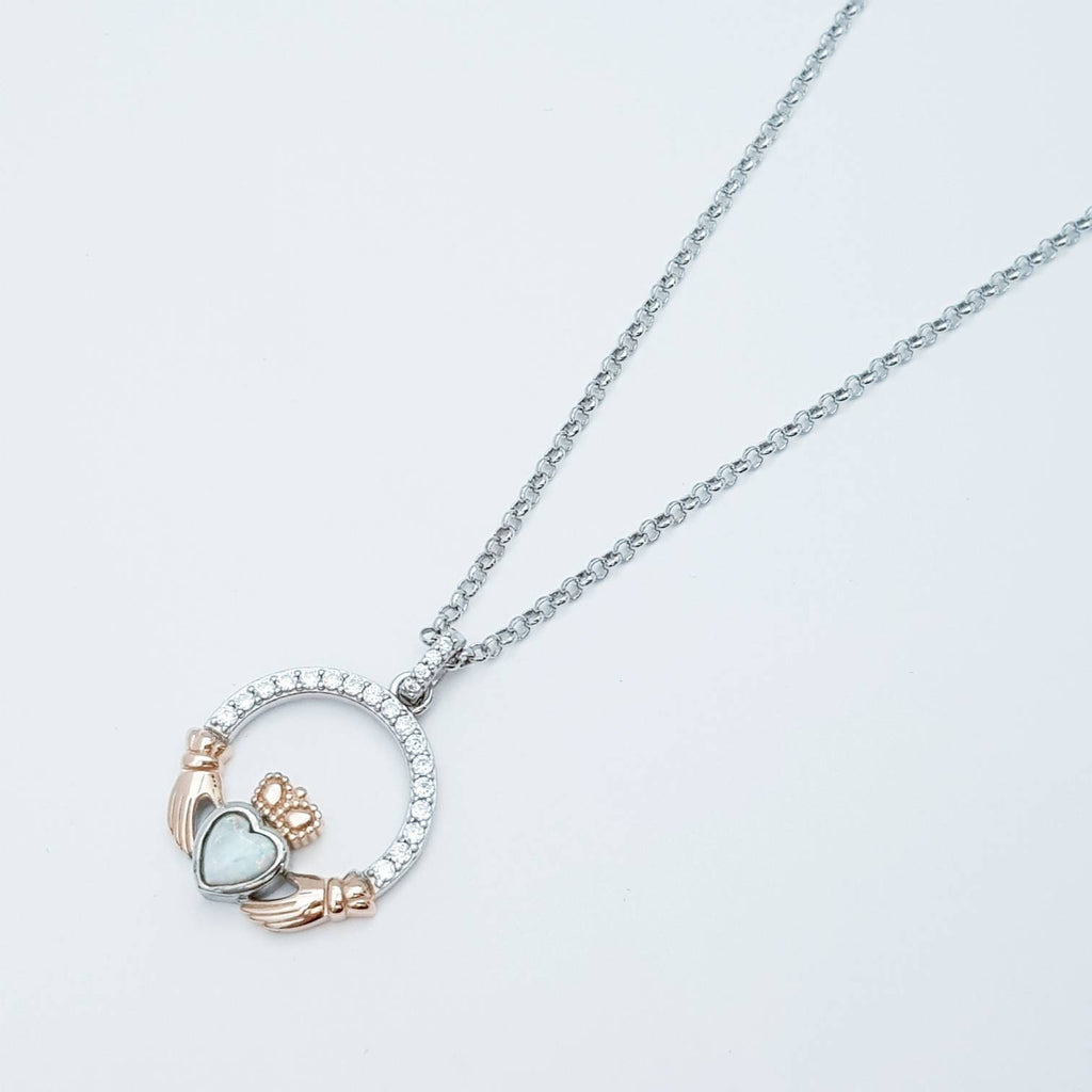 White Opal Claddagh pendant, claddagh necklace, rose gold claddagh pendant October birthstone