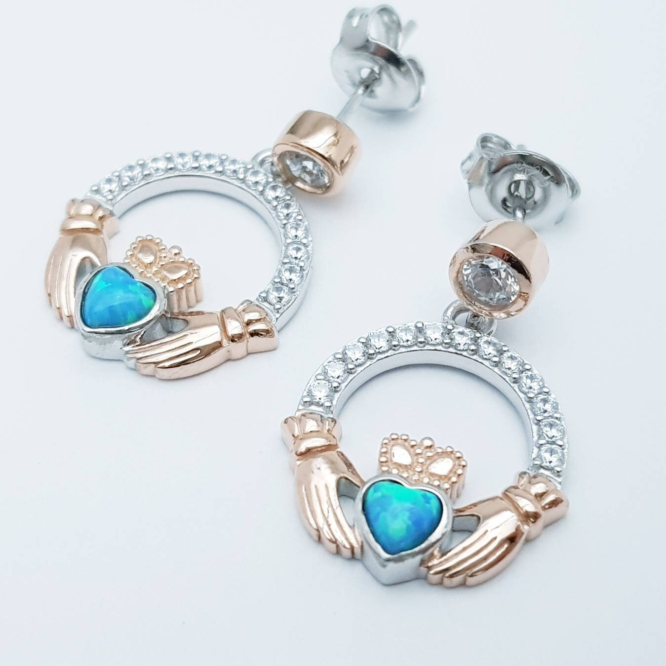 Opal claddagh Earrings, Silver and rose gold Claddagh Earrings,