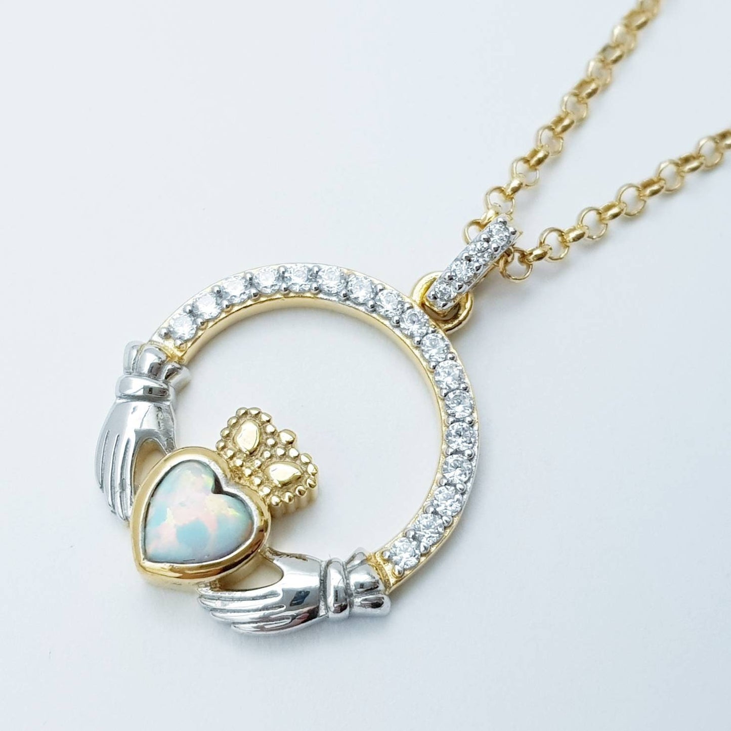 White Opal Claddagh pendant, claddagh necklace, yellow gold claddagh pendant October birthstone