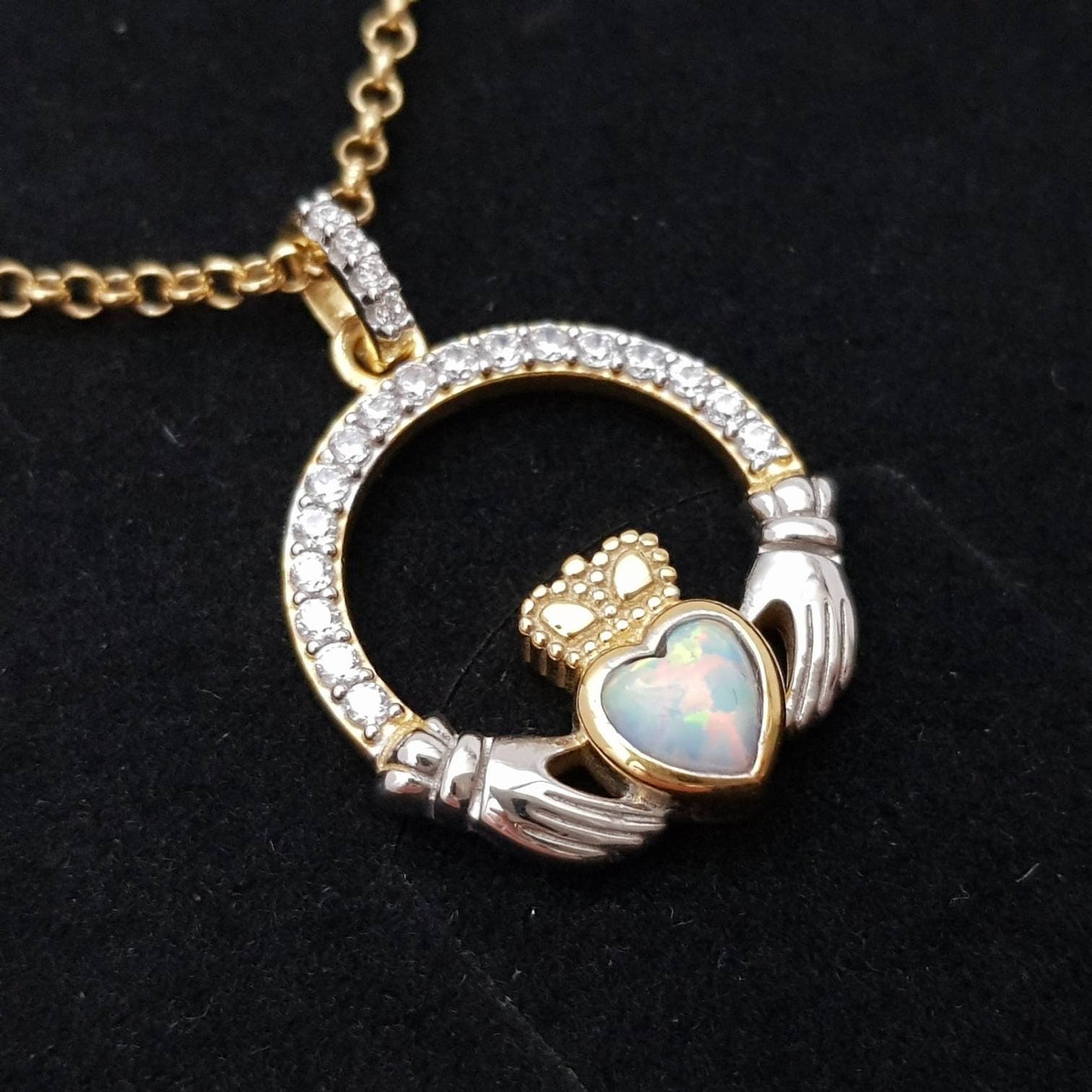 White Opal Claddagh pendant, claddagh necklace, yellow gold claddagh pendant October birthstone