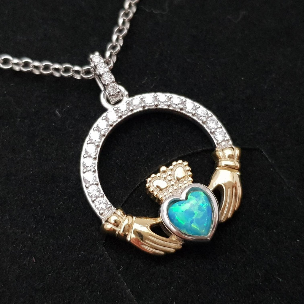 Black Opal Claddagh pendant, claddagh necklace, yellow gold and silver claddagh pendant October birthstone