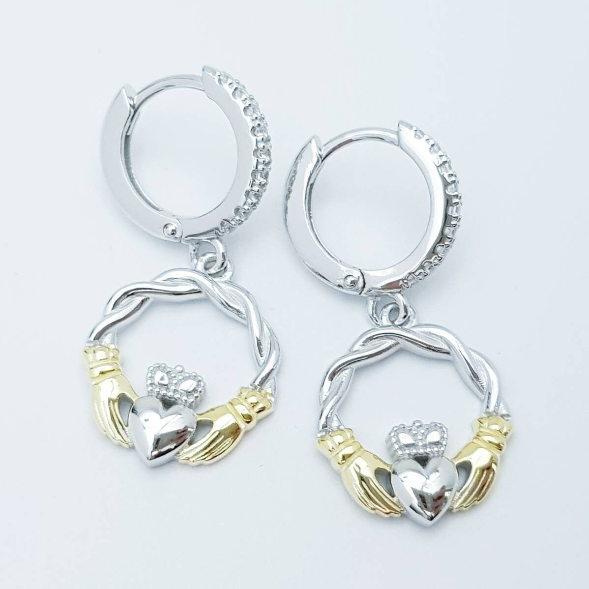 Silver hoop Claddagh Earrings, braided Claddagh Earrings, silver and Gold Claddagh drop Earrings