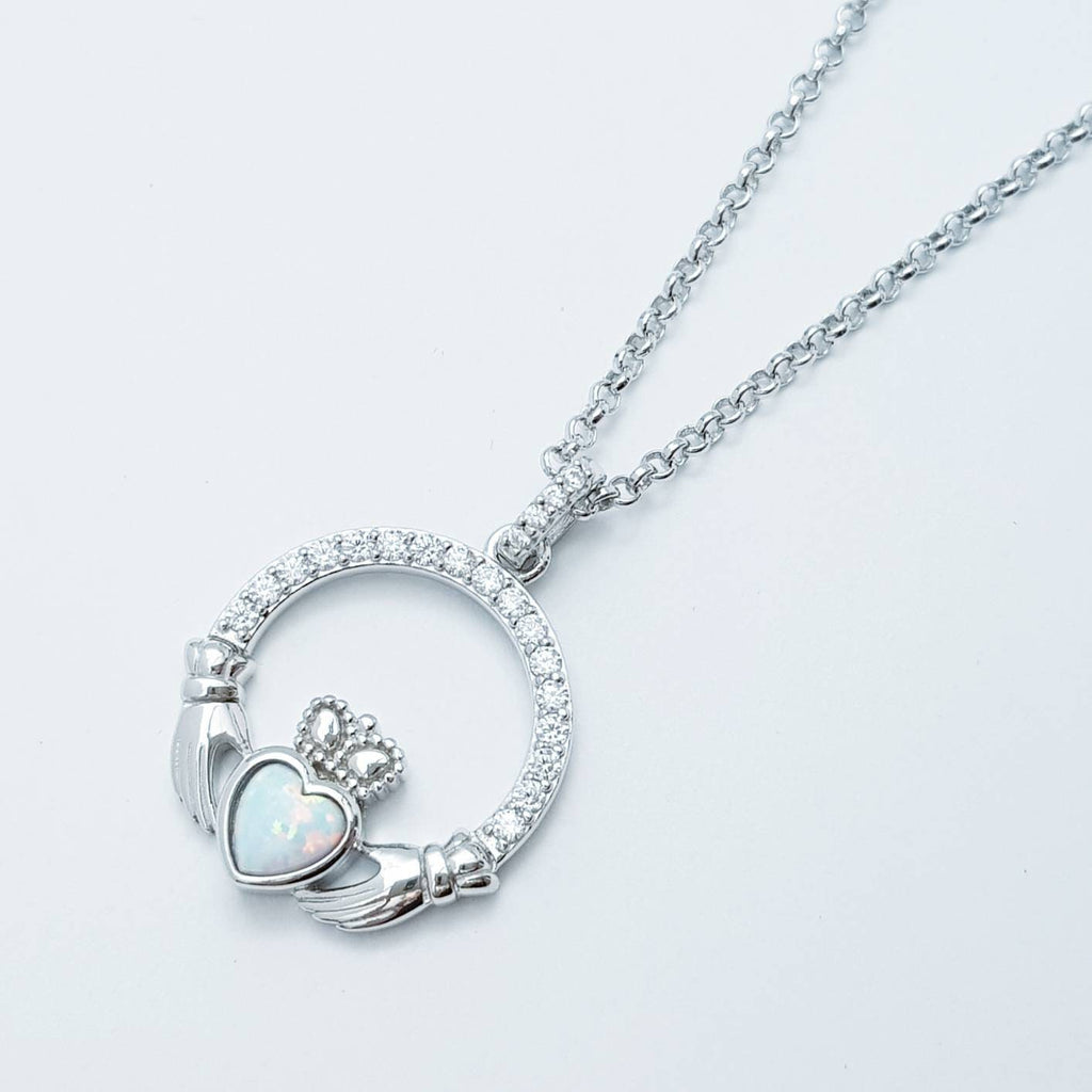 White Opal Claddagh pendant, claddagh necklace, sterling silver claddagh pendant October birthstone