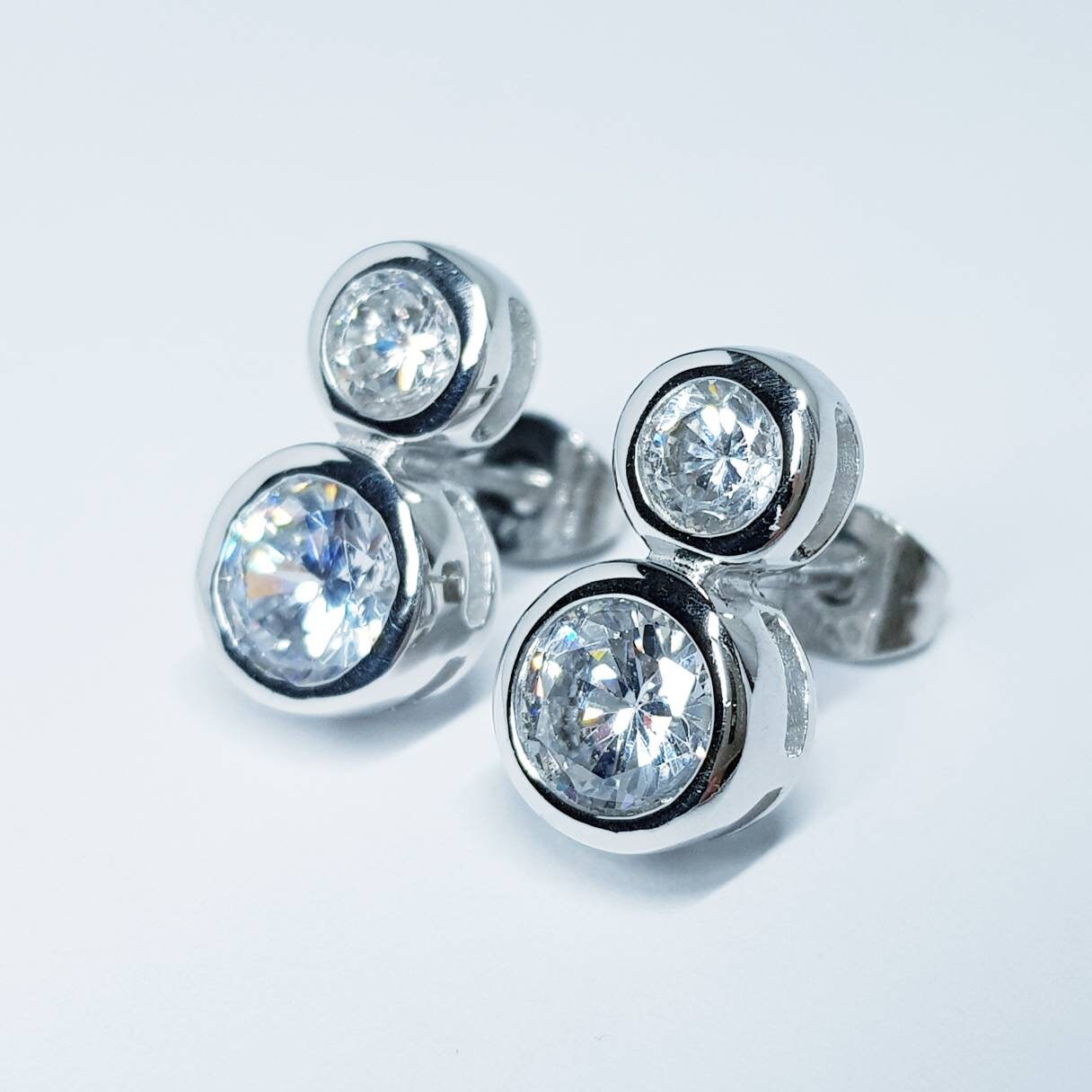 Sterling Silver stud earrings, two stone stud earrings, man made Diamond Simulant studs,