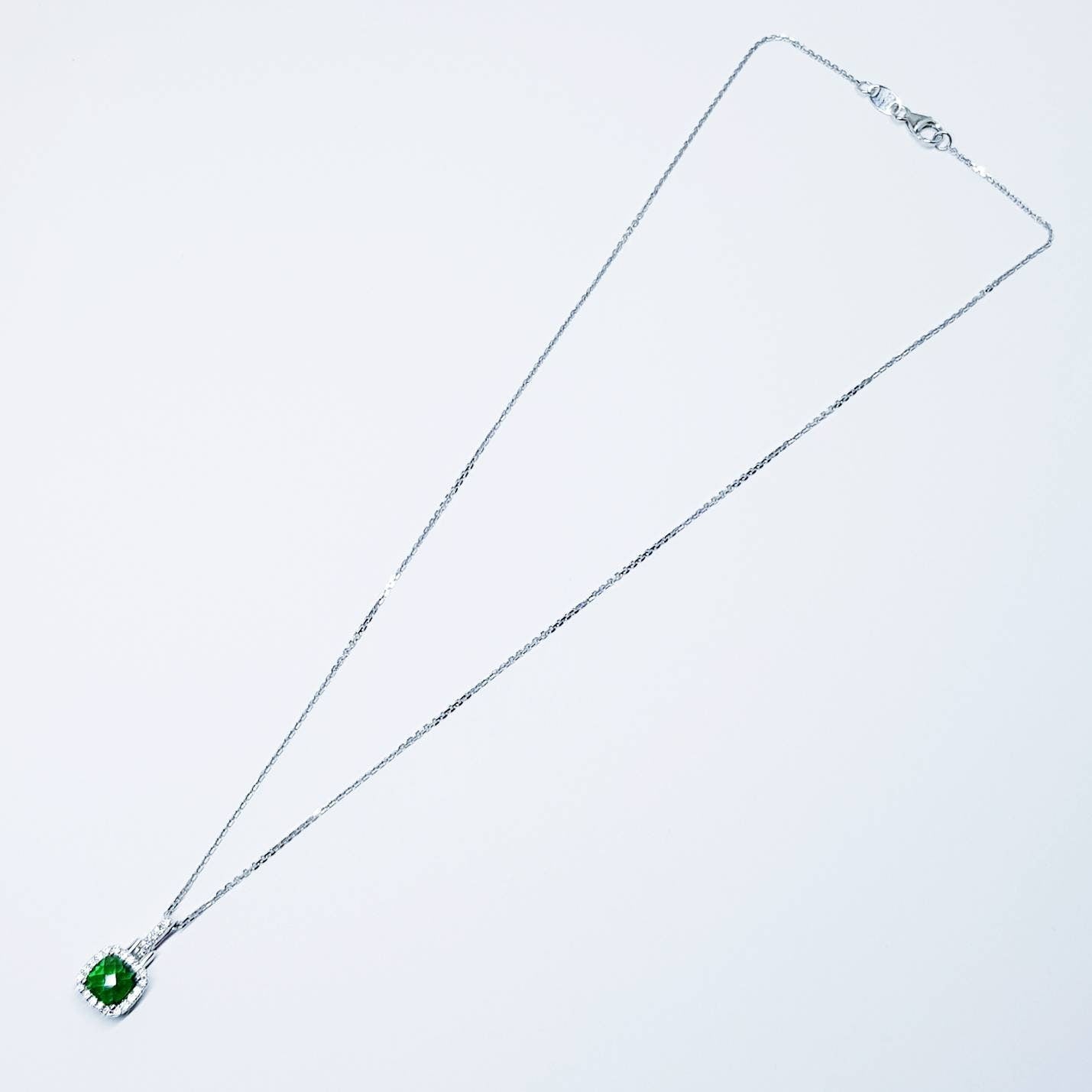 Sterling silver emerald green square necklace with cubic zirconia halo, vintage emerald pendant