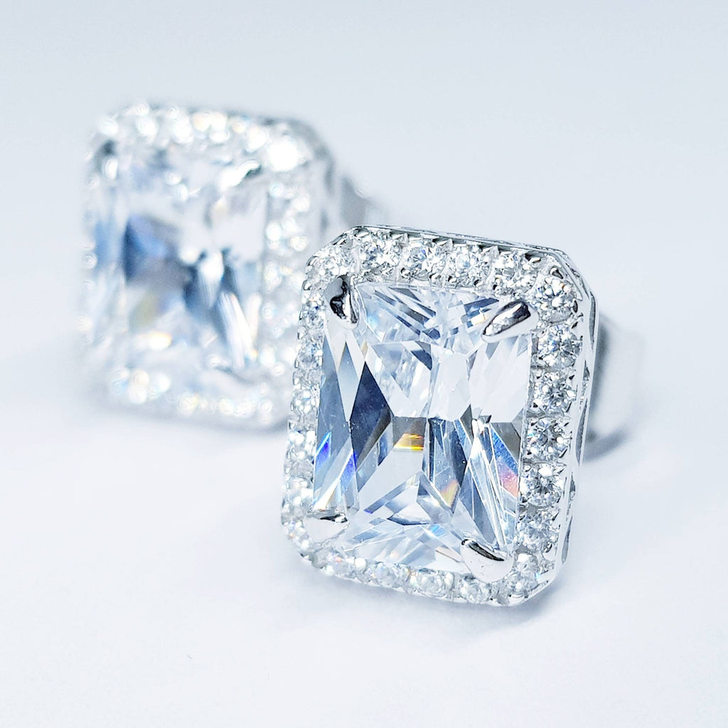 Sterling Silver stud earrings, emerald cut studs, made Diamond Simulants,