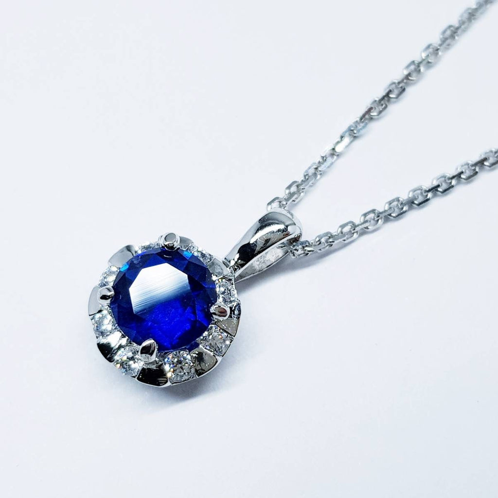 Sterling silver round Sapphire blue necklace, September bithstone jewelry