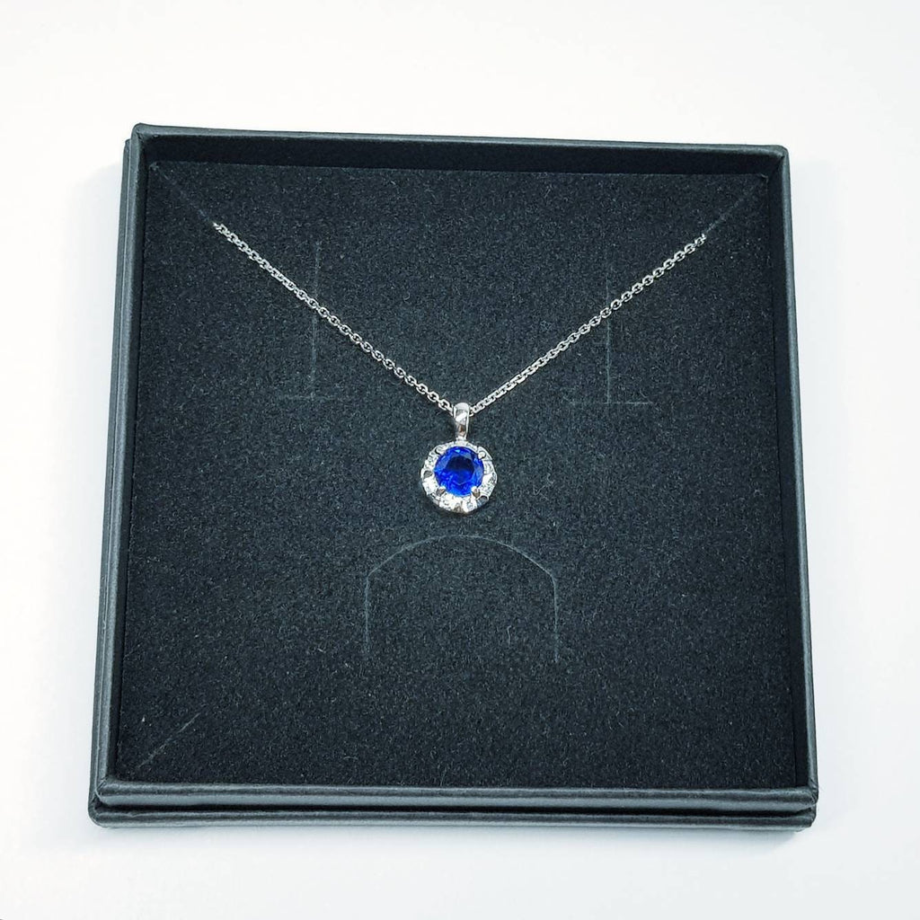Sterling silver round Sapphire blue necklace, September bithstone jewelry