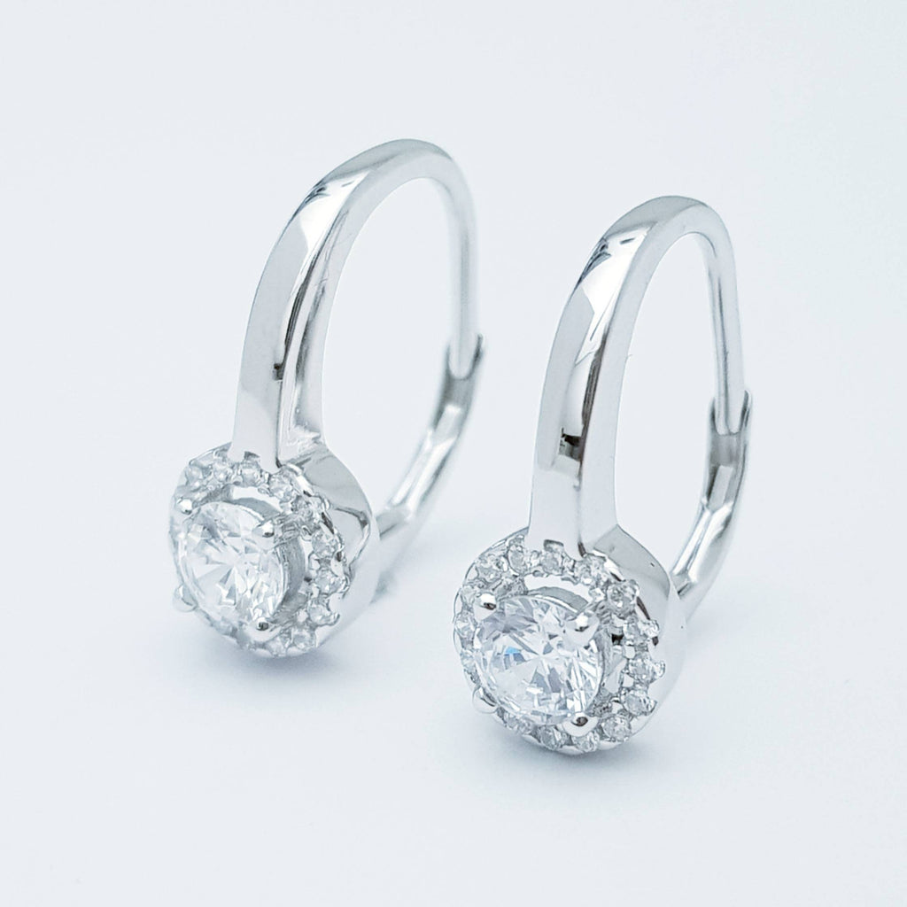 Elegant sterling silver round halo leverback drop earrings