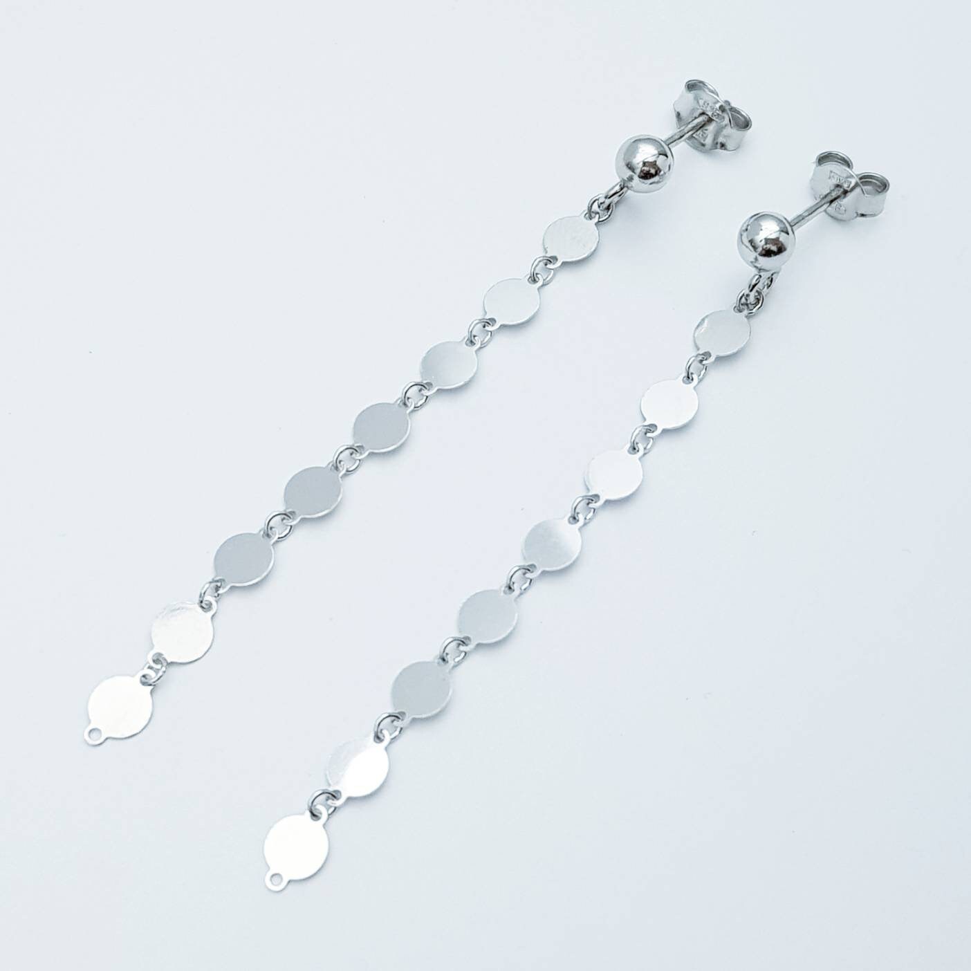 Long silver disc earrings, thin polished gypsy earrings, plain silver disc earrings, minimalist coin earrings