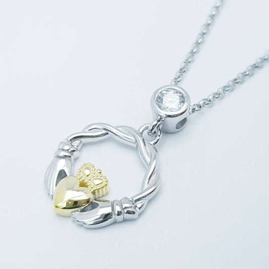 Dainty Sterling Silver claddagh necklace with gold plating