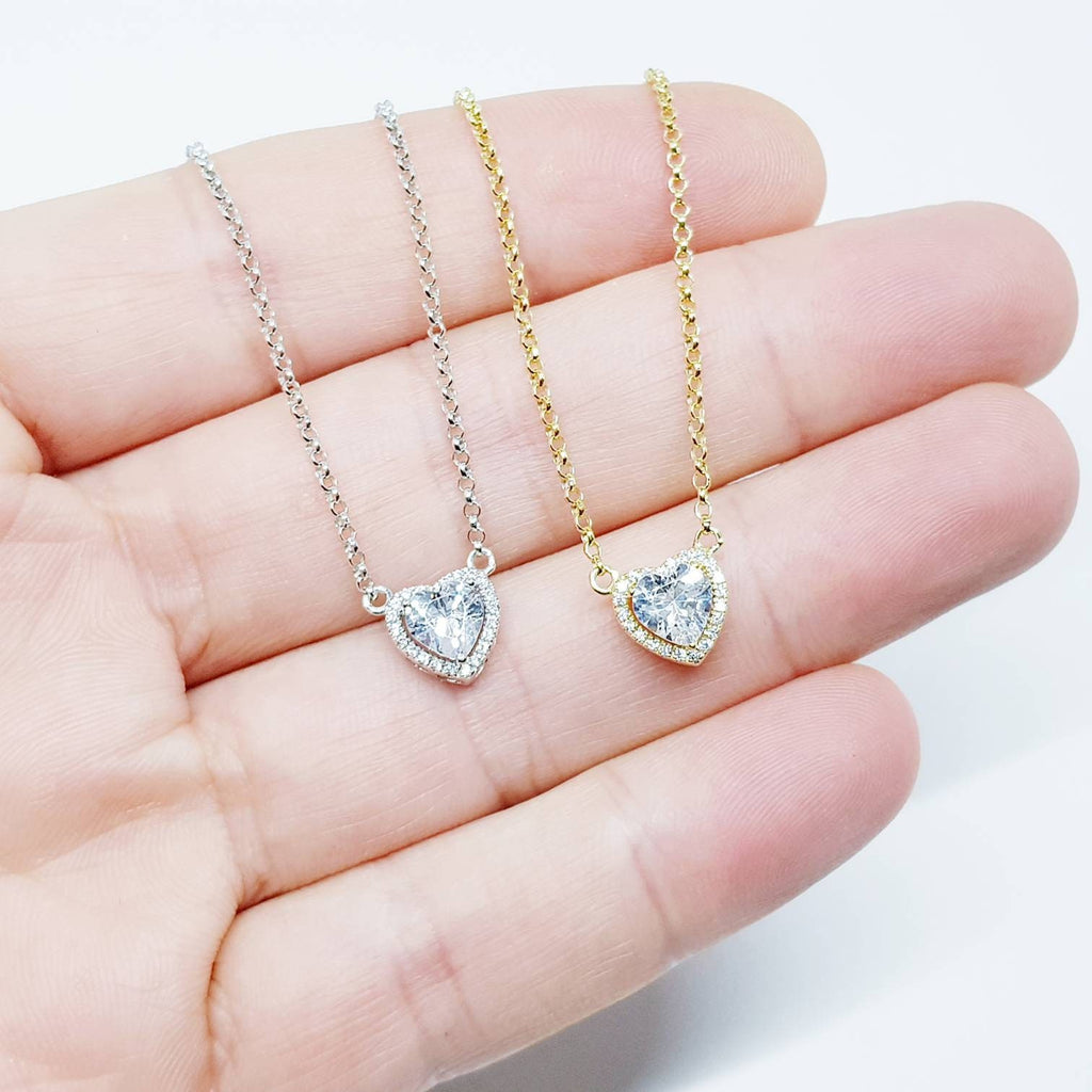 Sterling Silver CZ Heart Necklace, Silver Heart Diamond Necklace, Silver Heart Necklace, Cute Everyday Dainty Necklace