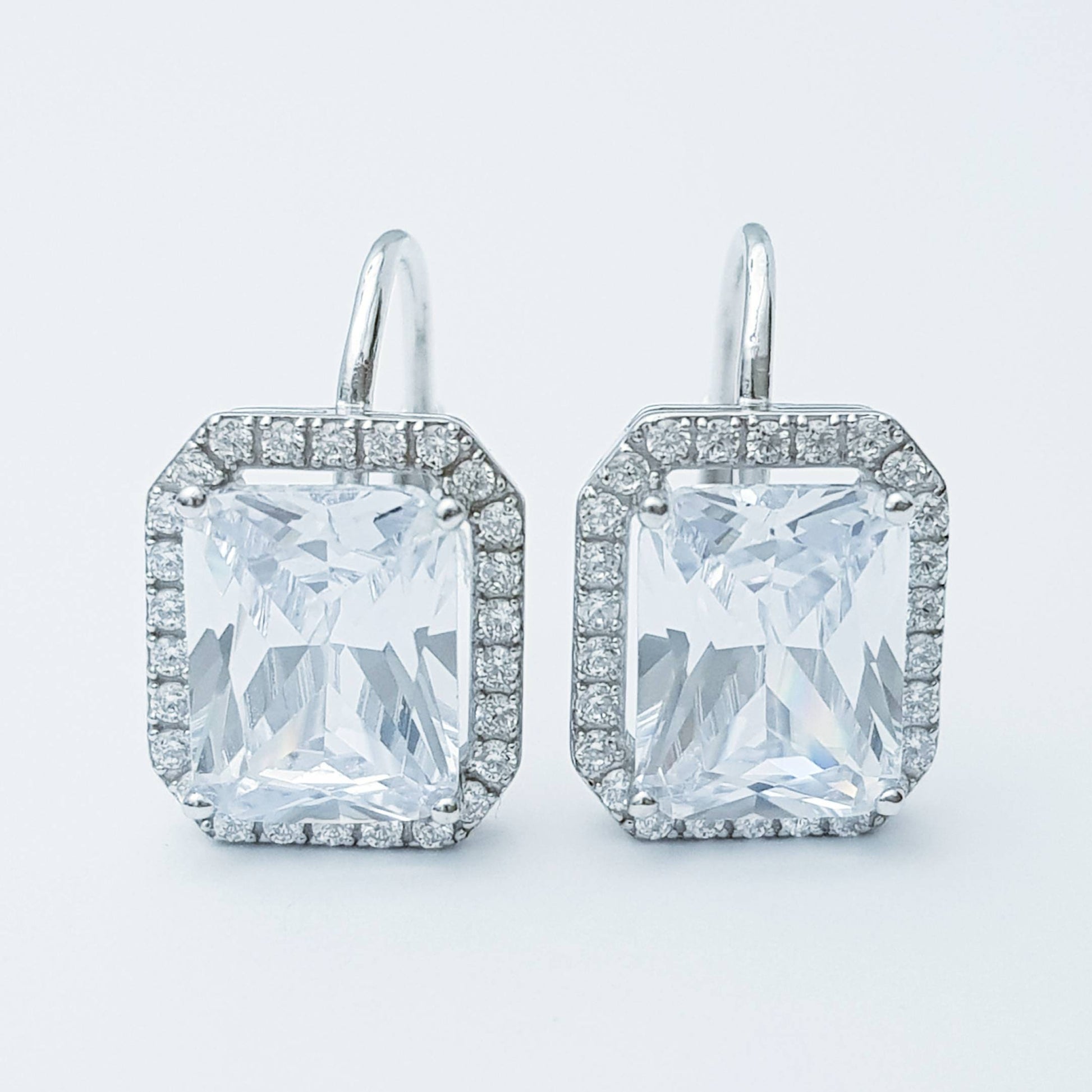 Sterling silver faux diamond leverback earrings, rectangular drop earrings
