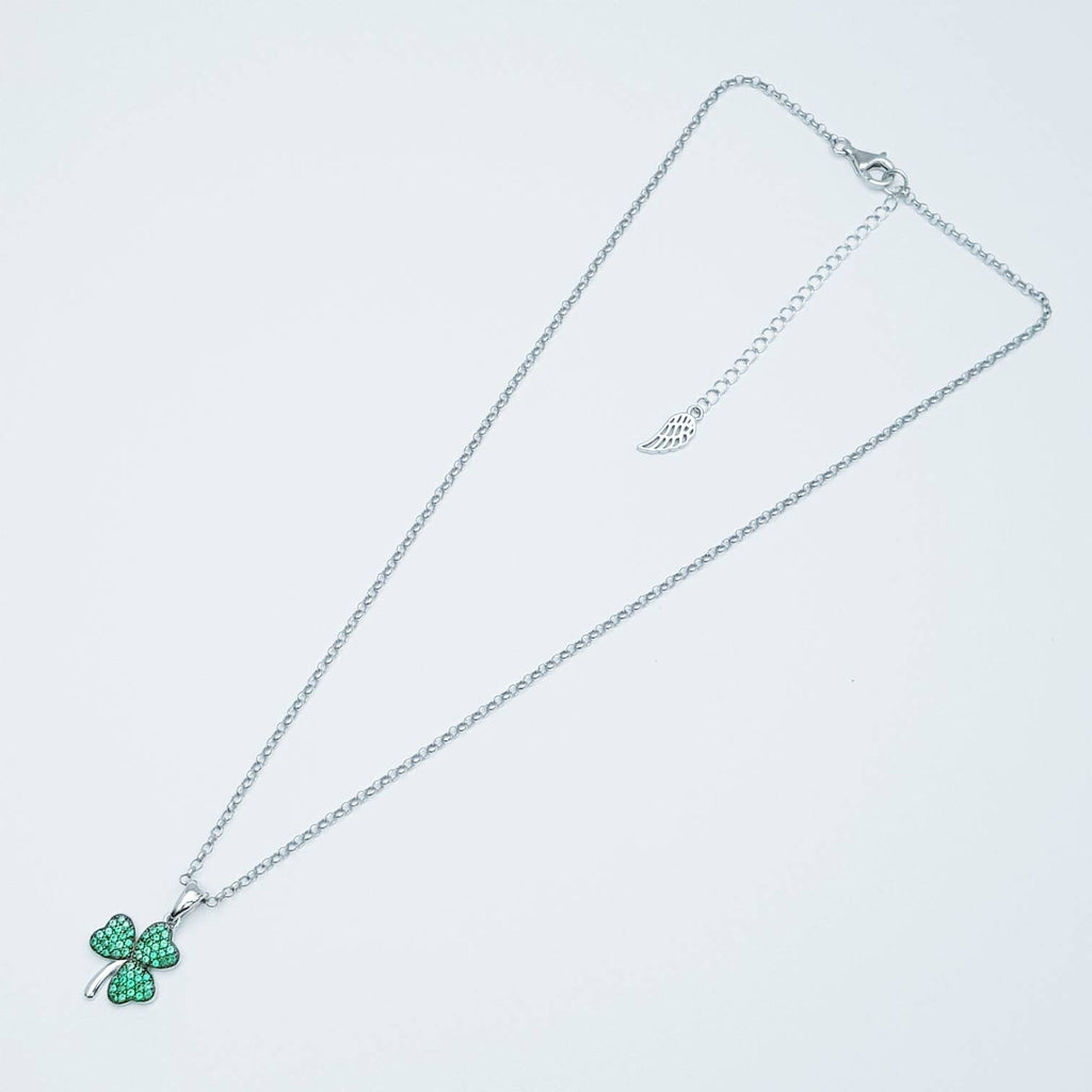 Sterling Silver Shamrock pendant, green stone set shamrock necklace