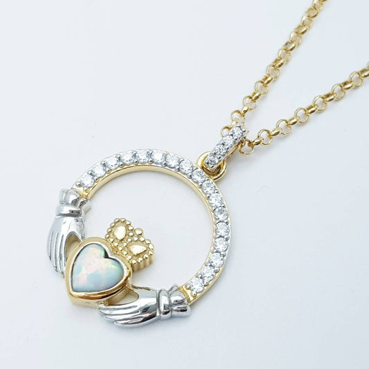 White Opal Claddagh pendant, claddagh necklace, yellow gold claddagh pendant October birthstone