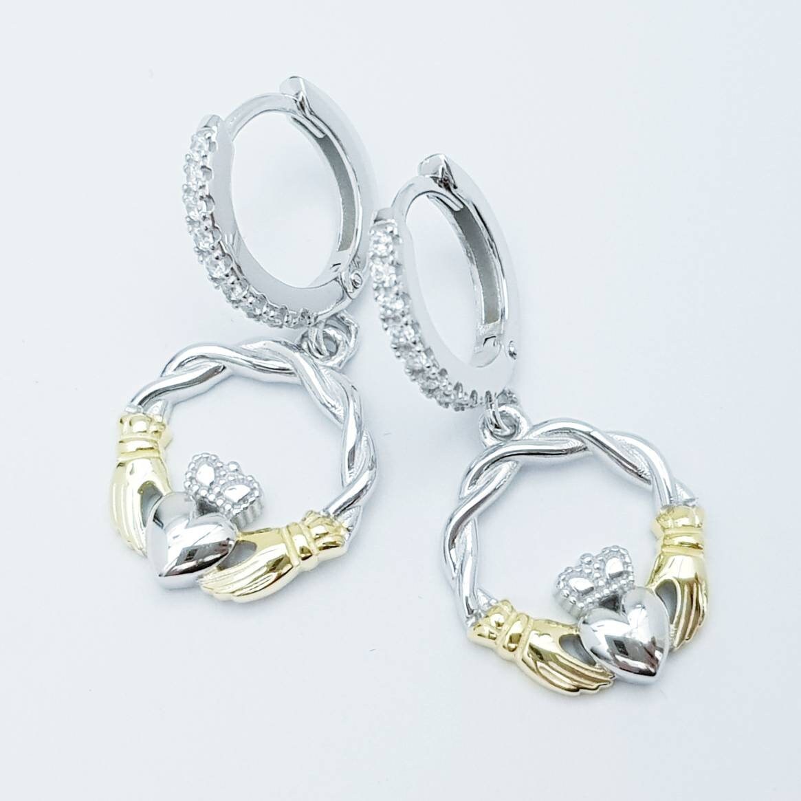 Silver hoop Claddagh Earrings, braided Claddagh Earrings, silver and Gold Claddagh drop Earrings