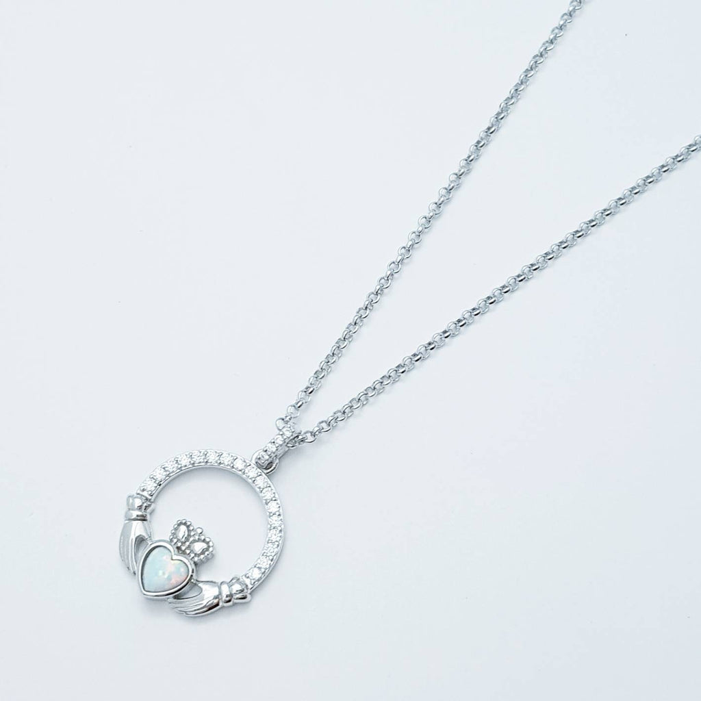 White Opal Claddagh pendant, claddagh necklace, sterling silver claddagh pendant October birthstone