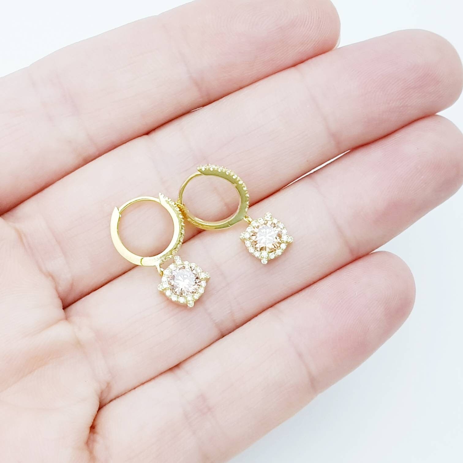 Dainty hoop earrings with small champagne pink drop, cute pink hoop earrings, thin gold plated hoops