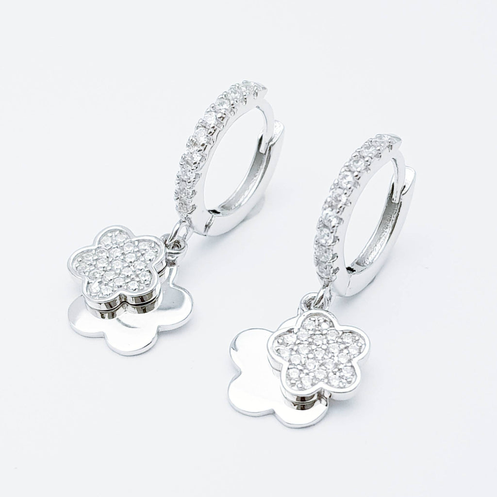Dainty silver hoop earrings with two dangling floral charms, cute flower drop earrings, Minimalist Earrings, 925 Silver Dangle Hoops,