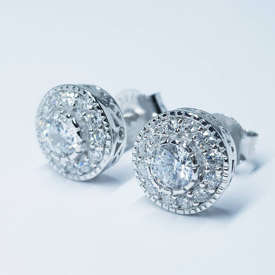 Vintage style Halo Earrings, stud earrings, gifts for women, faux diamond earrings for women with millgrain edge