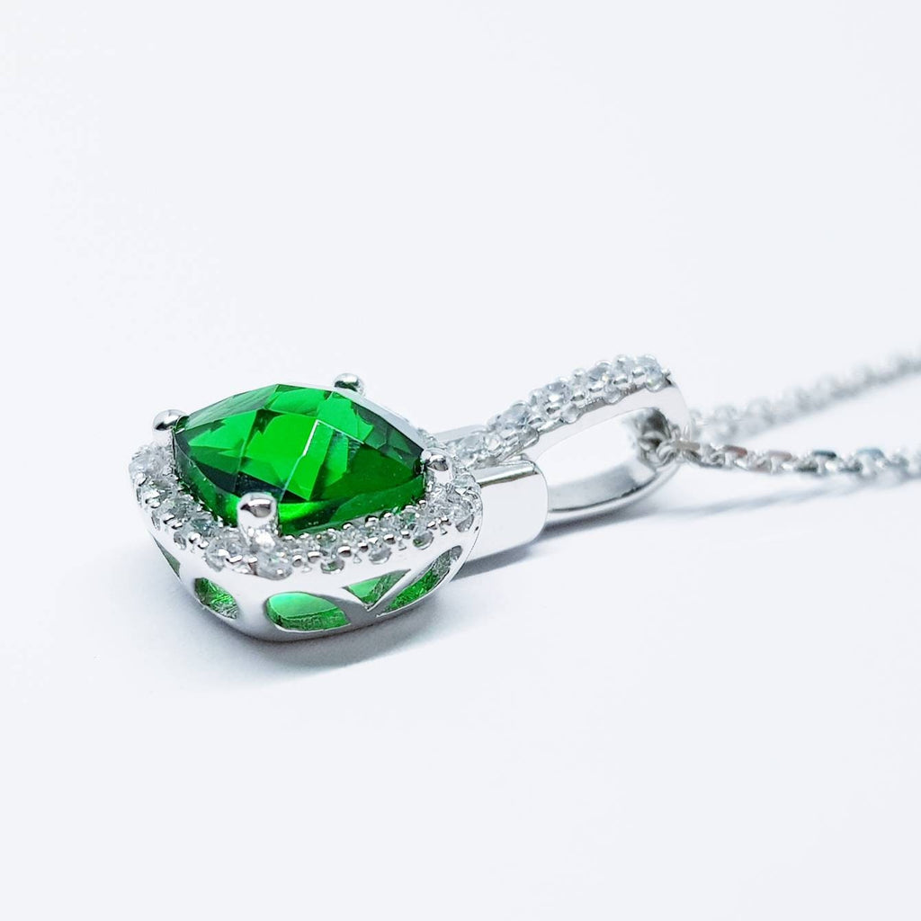 Sterling silver emerald green square necklace with cubic zirconia halo, vintage emerald pendant