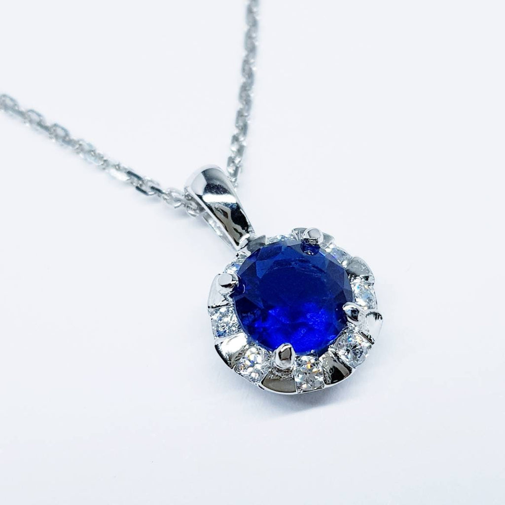 Sterling silver round Sapphire blue necklace, September bithstone jewelry