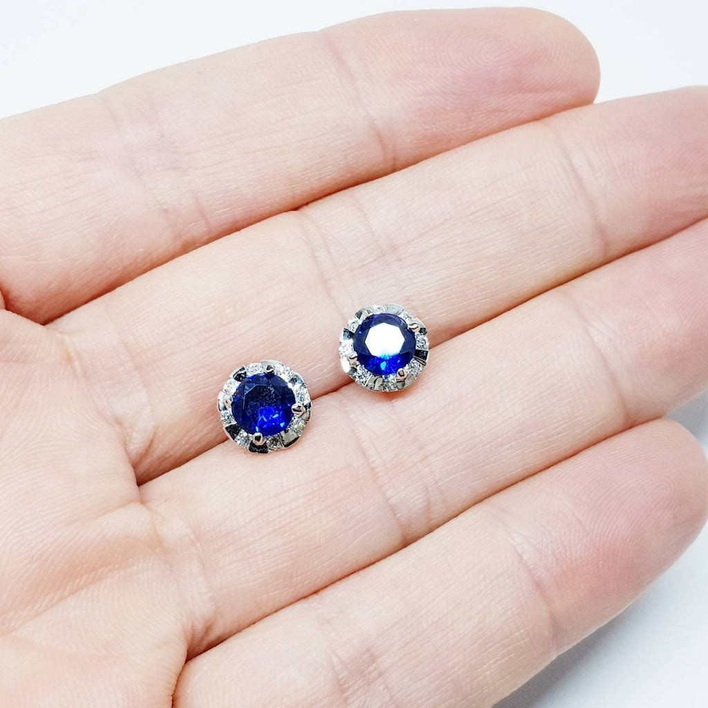 Round silver Blue stud earrings, silver halo blue Stud Earrings,Round CZ Stud Earrings