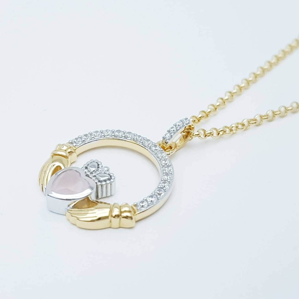 Baby pink Claddagh pendant, Irish claddagh necklace from Galway, Ireland, Angel wing claddagh chain